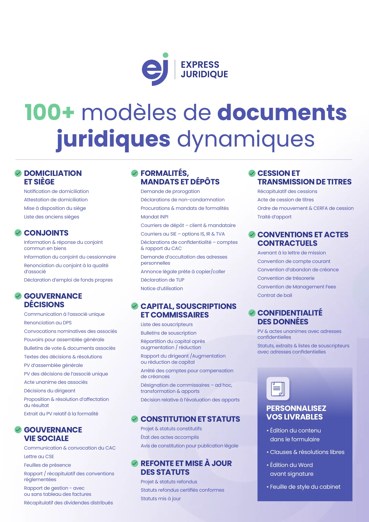 100+ modèles de documents juridiques dynamiques : liste complète des documents générés par Express Juridique
