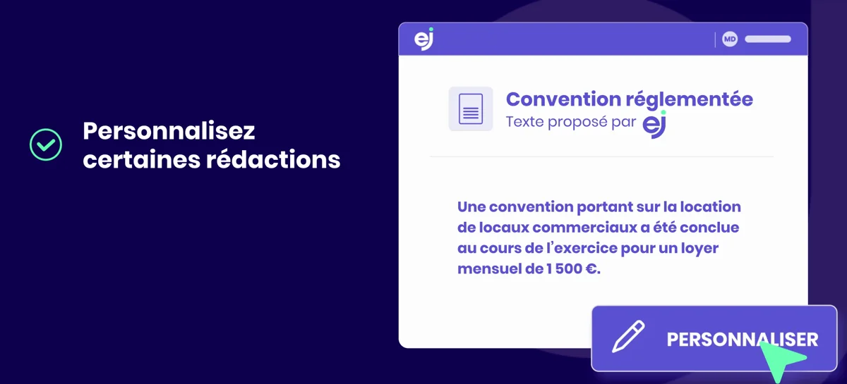 Convention réglementée rédigée par EJ, avec un bouton pour personnaliser le texte